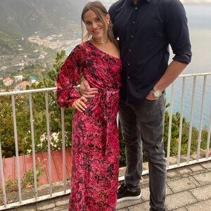 Hemant & Nandita One Shoulder Red Floral Velvet Burnout Midi Dress Size XS